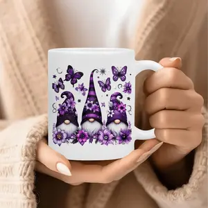 1pc Whimsical Purple & Gnome Ceramic Mug with 3 Cheerful Gnomes & Floral Design - 11oz Insulated Coffee Tea Cup, Microwave Safe, Durable - Ideal Gift for Holidays, Birthdays, Special Occasions - Hand-Wash Only, Magical Night Sky Theme with