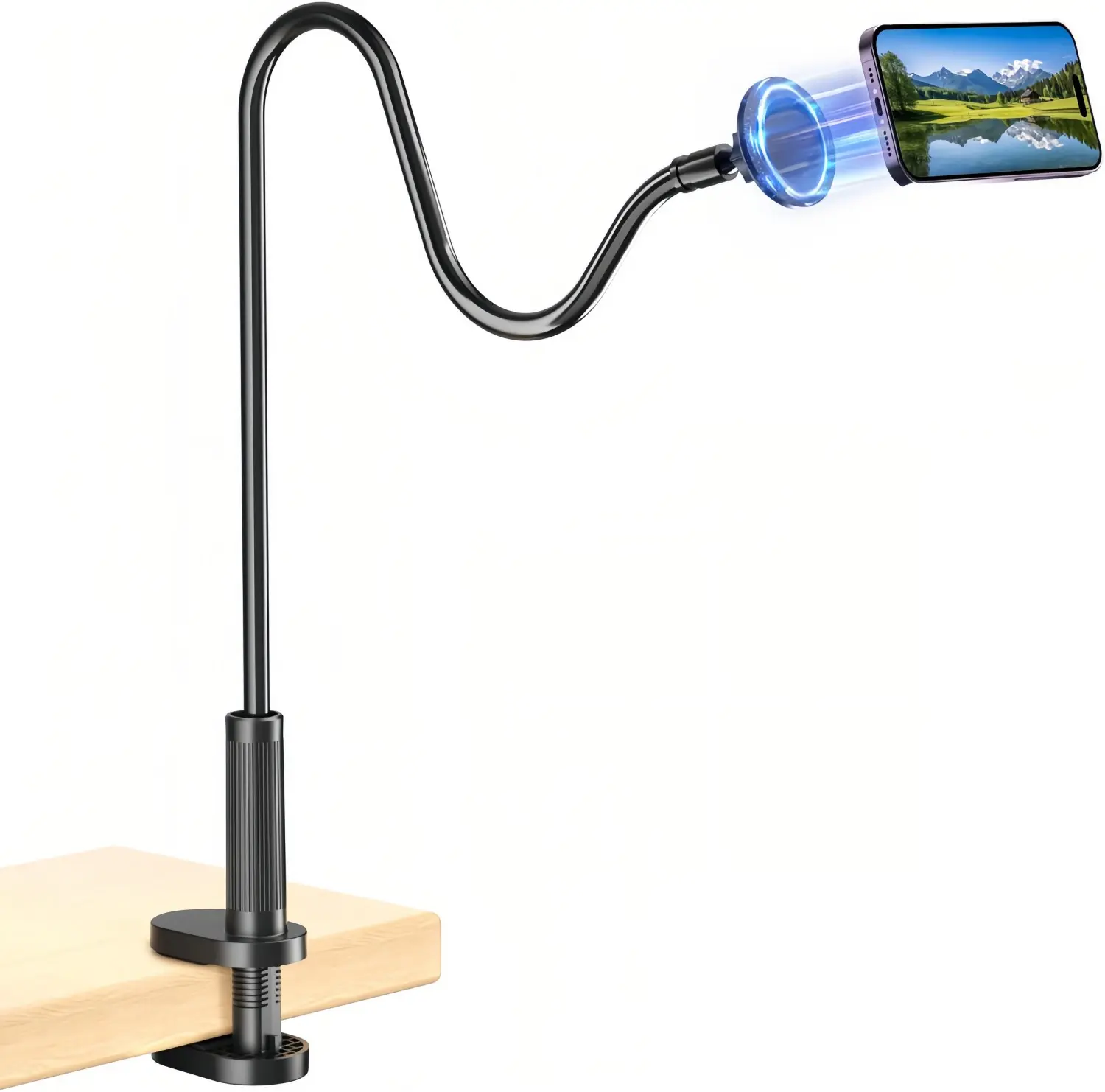 Magnetic Gooseneck Smartphone Holder Accessory, 360-Adjustable Flexible Long Arm Mount for iPhone 17/16/15/14/13/12 Pro Max/Plus/Mini, Android Cellphone - Desk, Bedside Use, Landscape Filming