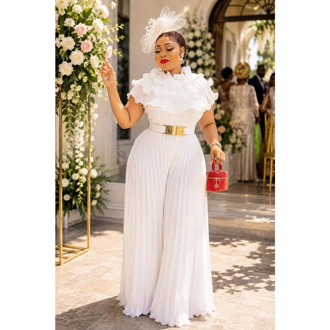 Dramatic White Ruffle Pleated Palazzo Jumpsuit for Formal Events Church Wedding Guest Cocktail Reception Party Outfit