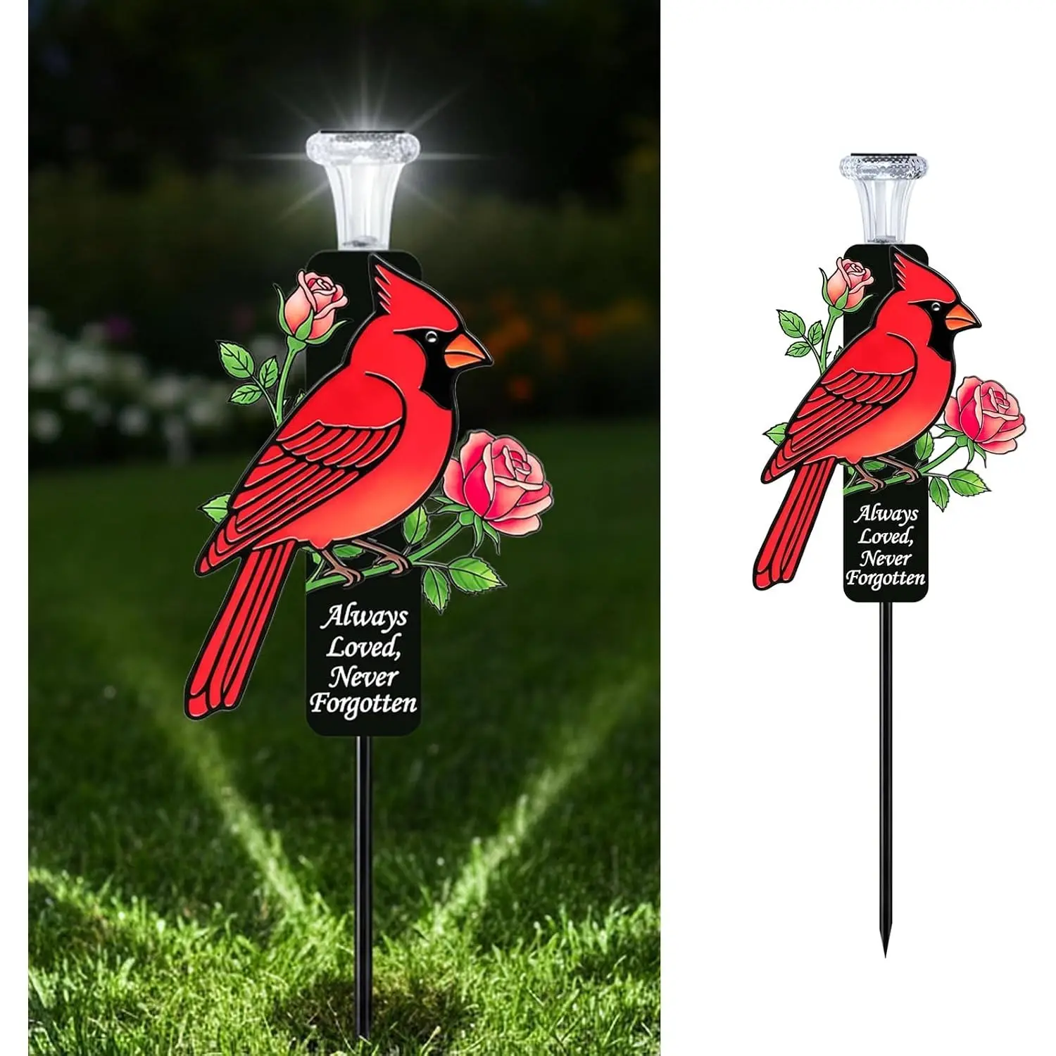 Solar Cardinal Memorial Stakes for Graves - Metal Cemetery Decorations with LED Light, Sympathy Gift for Loss of Mother Mom Grandma, Garden Grave Markers (Red Cardinal)