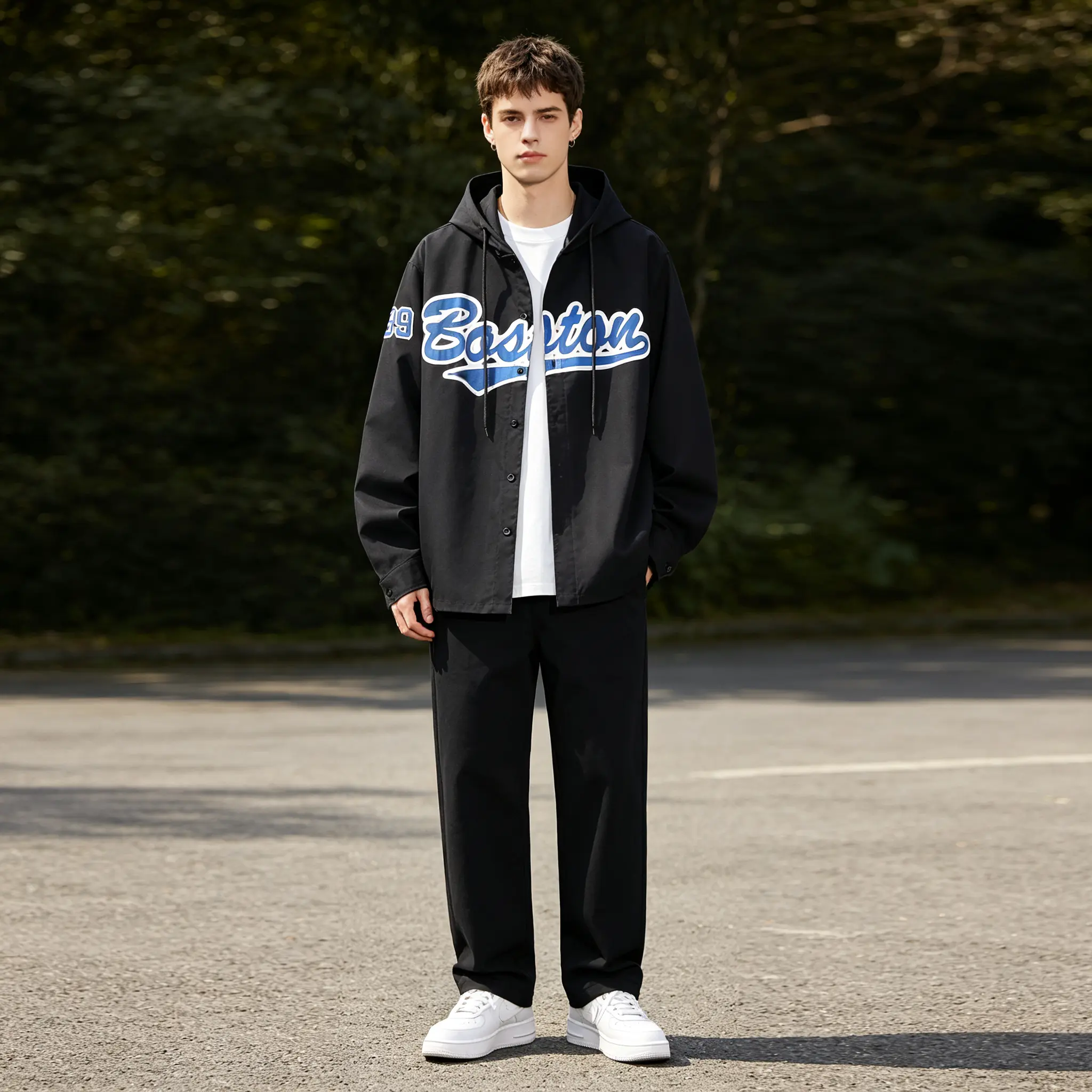 Men’s shackets with vintage graphic print, hooded button-down lightweight oversized jacket, casual street outerwear coat for everyday wear