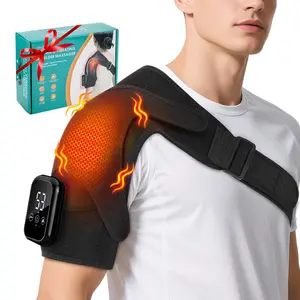 Extra Large Black Heated Shoulder Massager: 3 heat & vibration modes, 2500mAh battery with digital touch display, extended strap, elastic fleece lining, relieves shoulder soreness for home therapy, ideal for elders.
