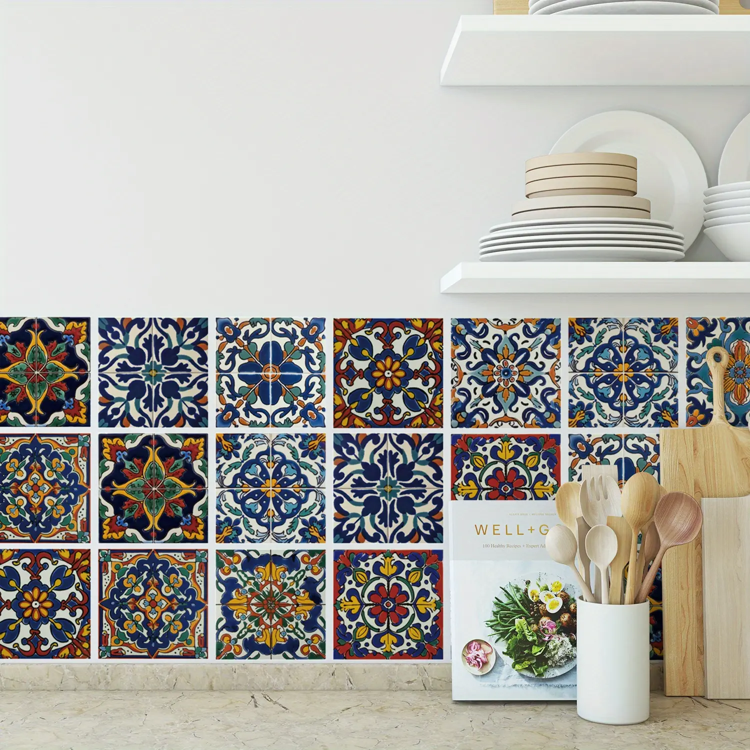 30pcs 4x4in Classic Vintage Spanish Talavera Houndstooth Flat Peel-and-Stick Vinyl Adhesive Stickers, Waterproof Geometric Blue Decorative Decals for Kitchen Backsplash, Wall Decor Accent Wall (Earth Day, Labor Day Picks), Sticker Deco, Mosaic Backsplash