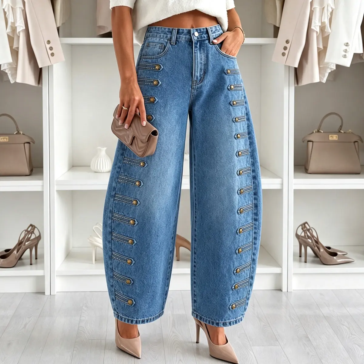 CHICME Women's Wide Leg Jeans High Waisted Side Button Denim Pants Distressed Washed Trousers Retro Y2K Streetwear