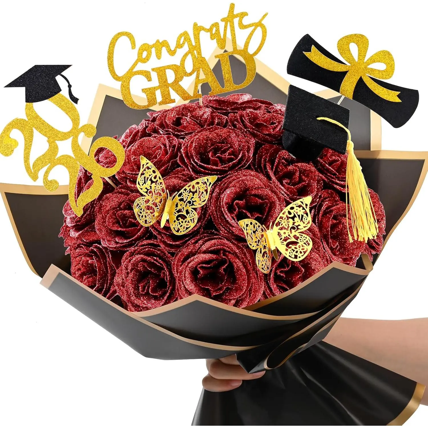 2026 Graduation Gifts, Glitter Roses Bouquet, Graduation Gift for Her, DIY Fake Flowers Bouquet with Stand-Up Signs, 36 Red Roses, for High School/College/Middle School Grads
