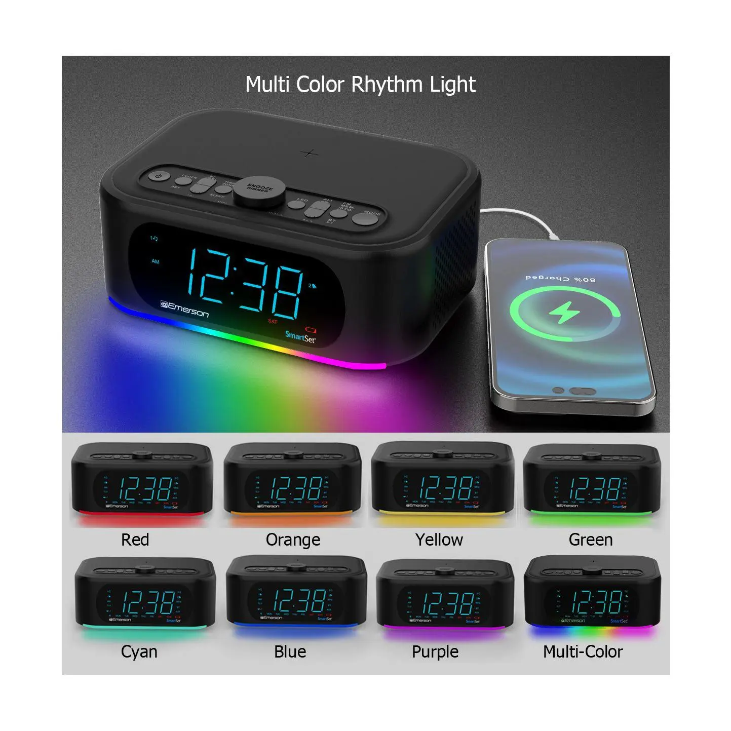 Emerson SmartSet Dual Alarm Clock BT Speaker Wireless Charger
