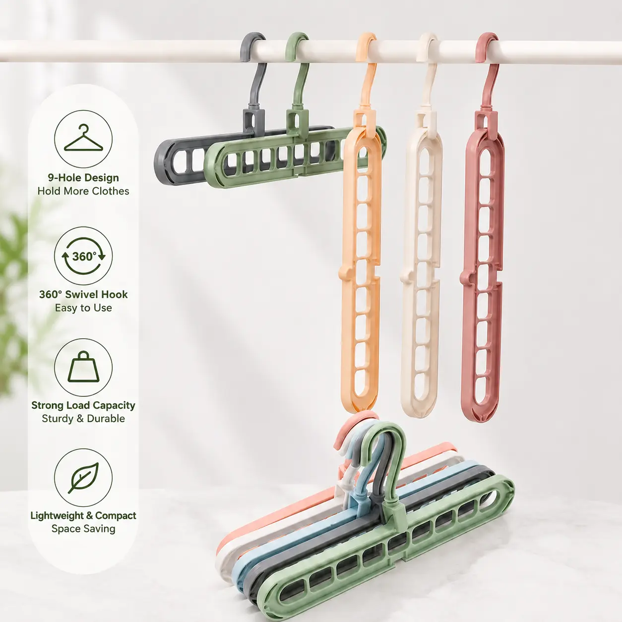 1 Count, Green 9-Hole Plastic Clothes Hanger with 360 Degree Swivel Hook, Space Saving Design for Closet Wardrobe Clothing Storage