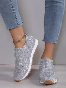 Women's Glitter Sequin Decorated Lace Up Low Top Sneakers, Casual Comfortable Breathable Sports Running Shoes, All-match Basic Shoes for Daily Wear, Girl, Footwear
