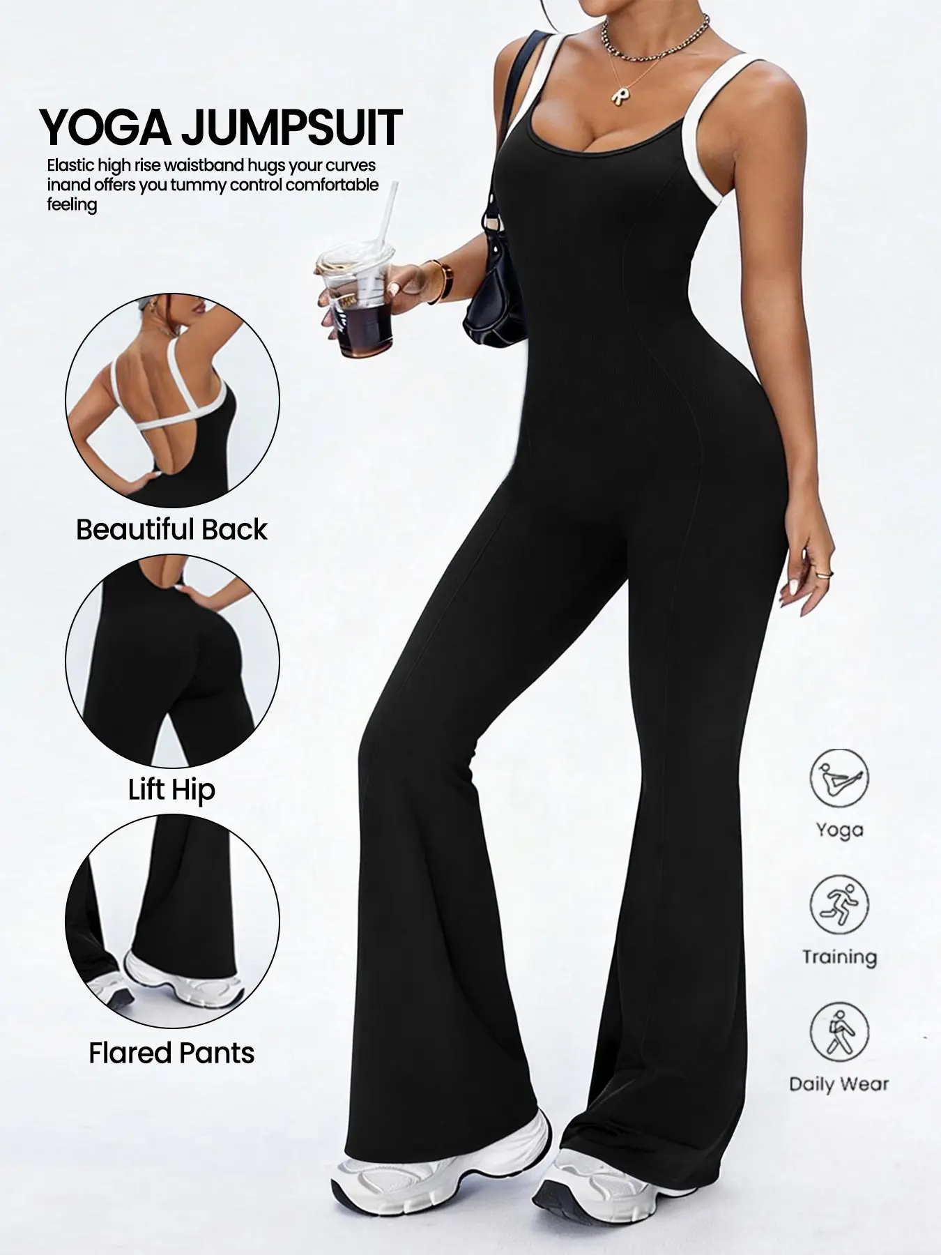Bodycon U-Neck Low Neck Colorblock Back Flared Romper Pants, Sleeveless European Women's Fashion, Fall & Winter Long Regular T-Shirt, Chic Romper, Fitted Rompers