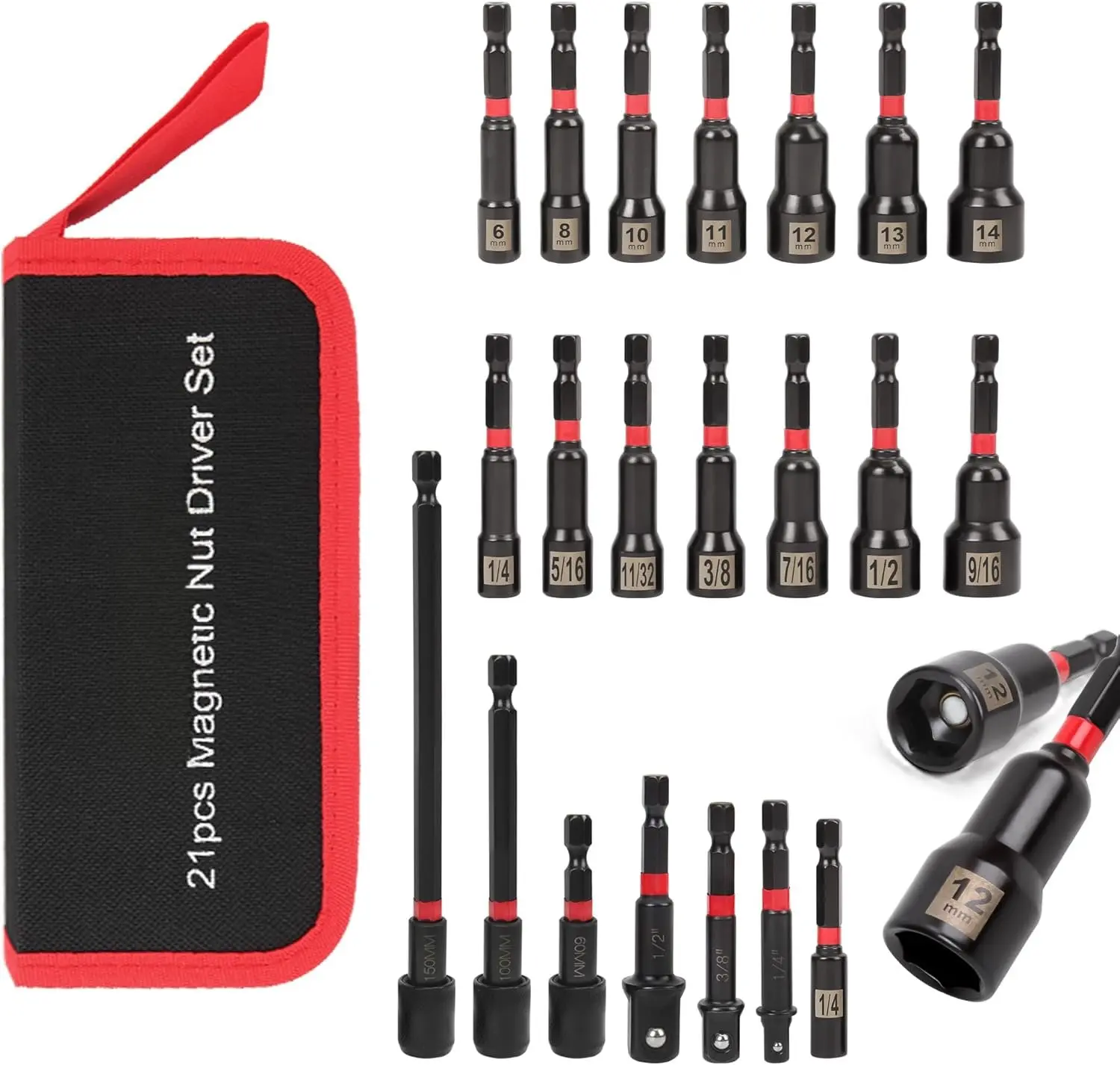 21-Piece Impact Nut Driver Set, 7 Metric Nut Drivers (10mm Included) & SAE Sizes (1/4"-1/2"), 1 Bit Holder, 3 Quick-Release Extensions, Impact Socket Adapters, Storage Bag, 7.2 x 3.7 x 1.5 Inches, Easy to Carry and Store, 1/2 Inch, 10 Mm