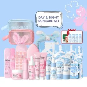 Laikou Sakura & Milk Christmas Gift Set, Day & Night Skincare Kit, Moisturizing Hydrating Moisturizer Skin Care Kit for Women & Girl, Best Gift Ideas