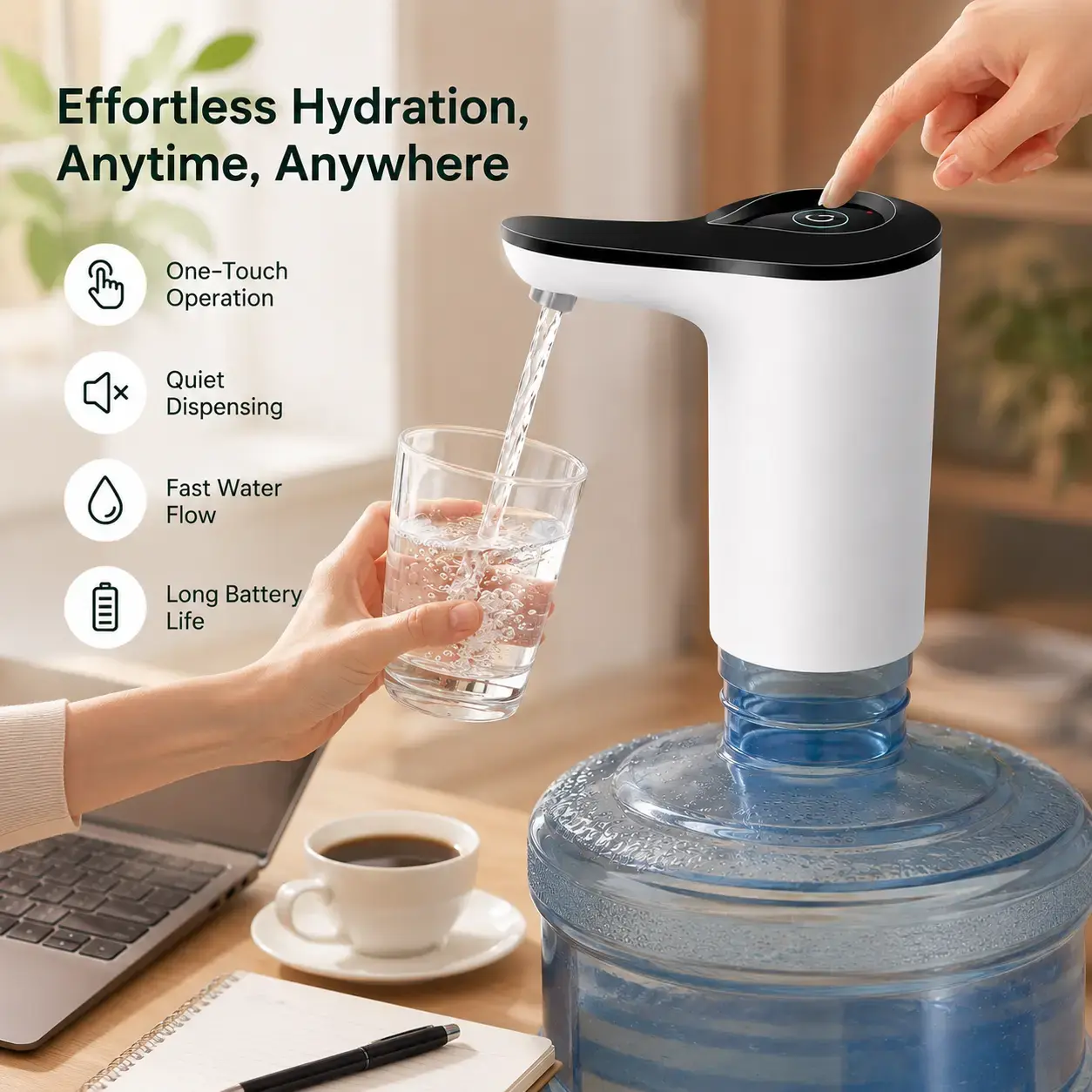 1 Count Smart Water Bottle Dispenser Pump, One-Touch Operation Low Noise Leak-Proof Design for Home Office Daily Use