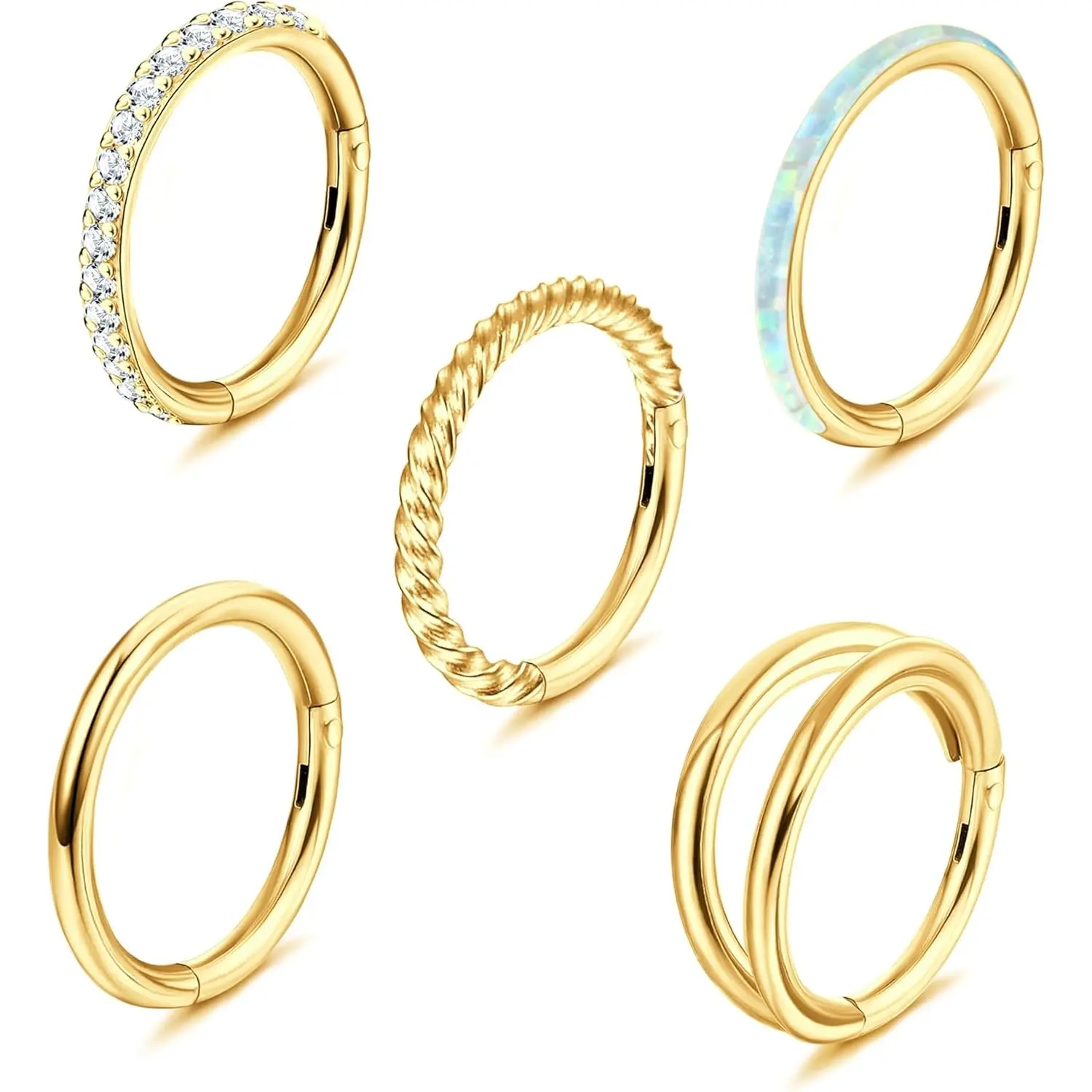 Milacolato Unisex 5Pcs 18G-16G Surgical Steel Click Hinged Nose Rings, Geometric Opal CZ Hoop Jewelry for Daily Use, Fit Septum, Lip, Helix, Cartilage, Daith, Rook, Conch Piercings (8mm, 10mm)
