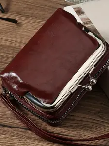 Women's Large Capacity Wristlet Bag, Multi-Layer Wallet with Card Slots, Coin Pocket, Vintage Style, Burgundy, Business/casual, Gift Idea