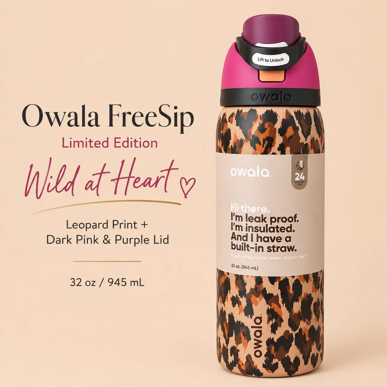 Owala FreeSip 32oz Limited Edition Wild at Heart Leopard Print Bottle with Pink Purple Lid
