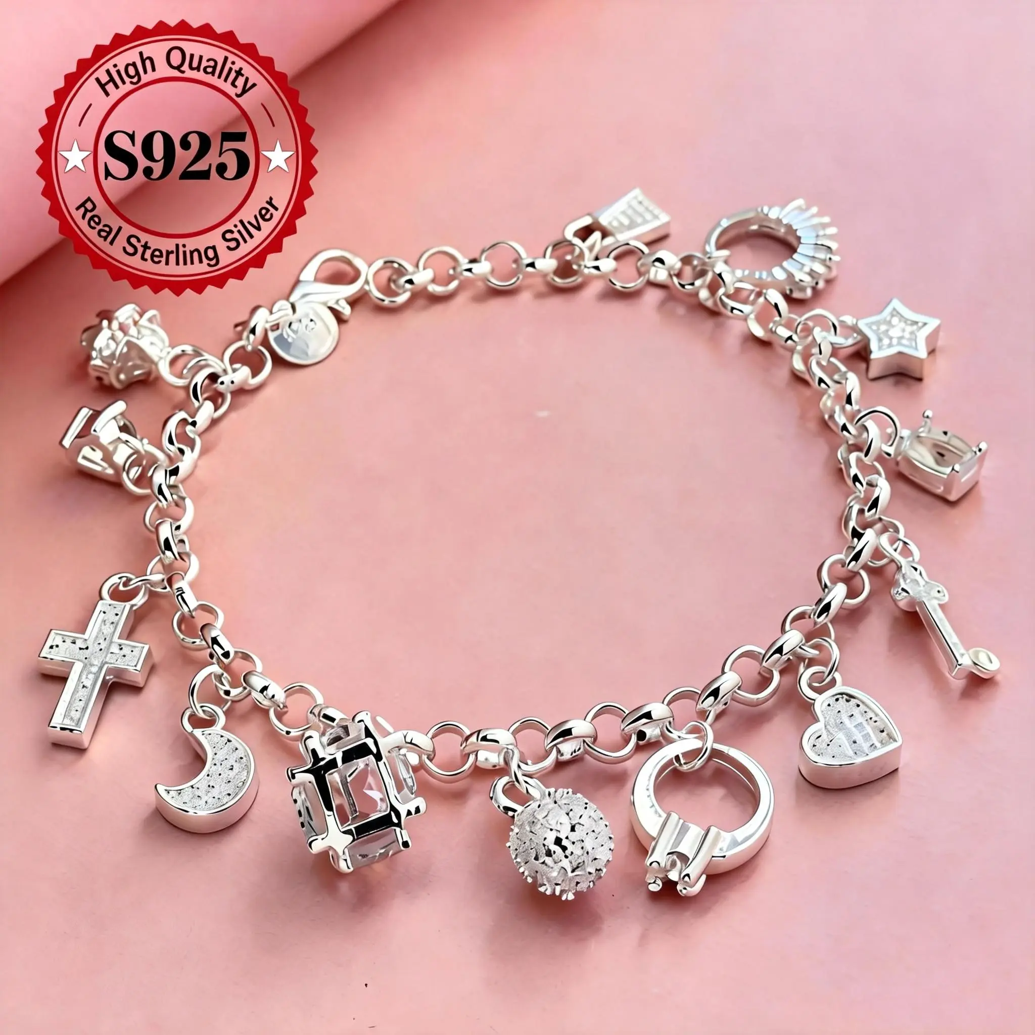 Women's 925 Sterling Silver-Plated Whimsical Heart Key Charm Bracelet - Bohemian, Feminine, 13 Small Mixed Symbols Charms, Shiny Delicate Finish, 8in Extension, Must-Have Accessory, Birthday Gift Ideas, Fashion Costume Jewelry, Bracelets for Women, Charm