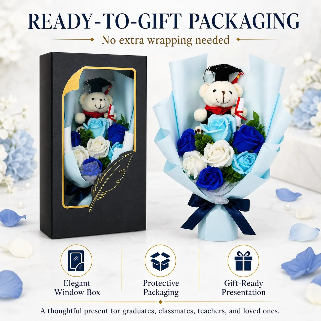 Graduation Bear Flower Gift Set, Blue White Soap Rose Bouquet with Cap Teddy and Card, Elegant Window Box Packaging for Her, Friends, Classmates, Teachers, Ceremony Keepsake