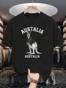 Casual White Short-Sleeve T-Shirt Featuring a -Style Kangaroo Design with The Text 'AUS TALIA'