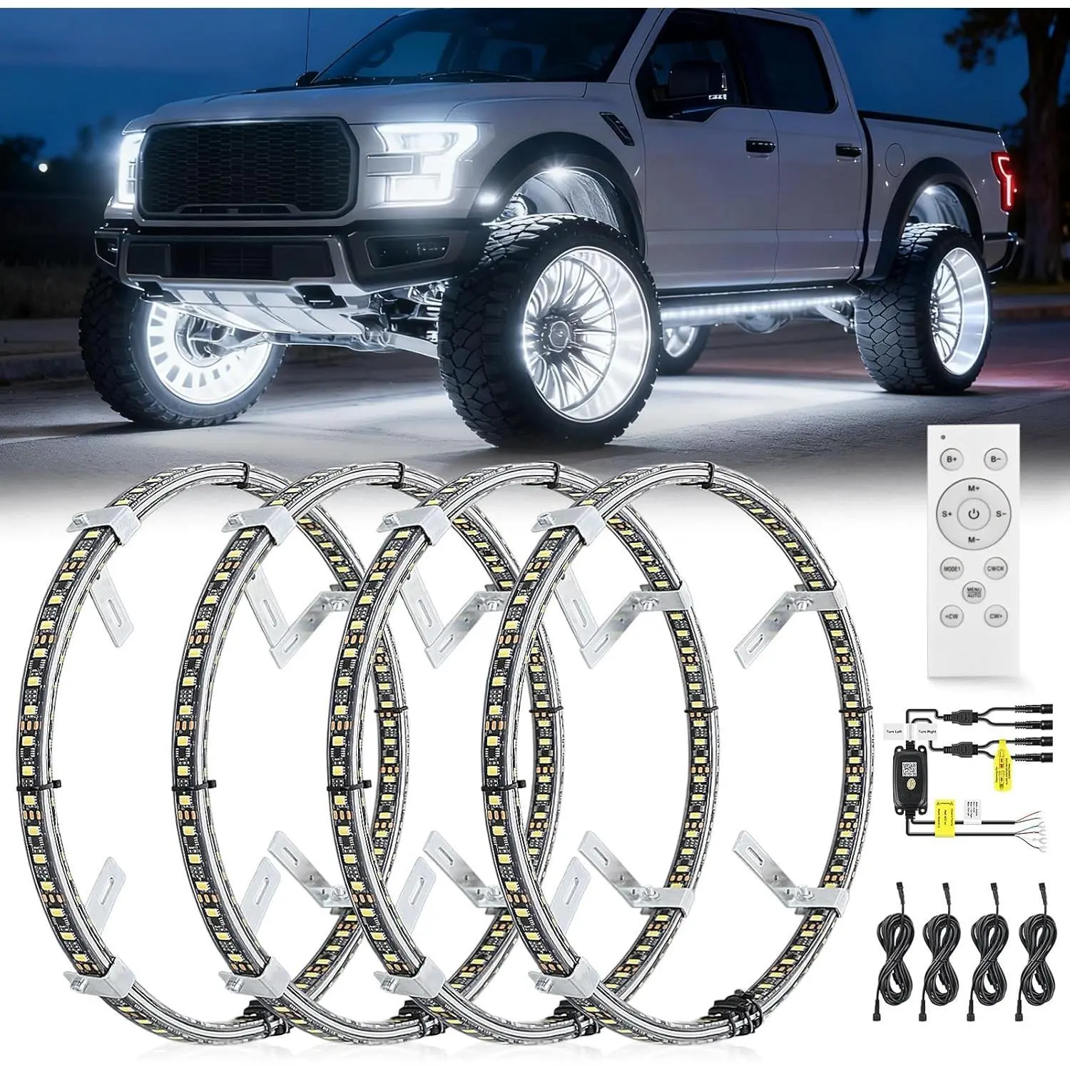 Nilight 4PCS 17inch Double Row LED Wheel Ring Lights Pure White with Remote Control w/Turn Signal Braking and Reverse Function Dual Row for Car Van SUV Truck, Truck Accessories, Semi Truck Accessories
