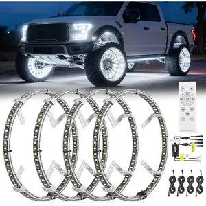 Nilight 4PCS 17inch Double Row LED Wheel Ring Lights Pure White with Remote Control w/Turn Signal Braking and Reverse Function Dual Row for Car Van SUV Truck