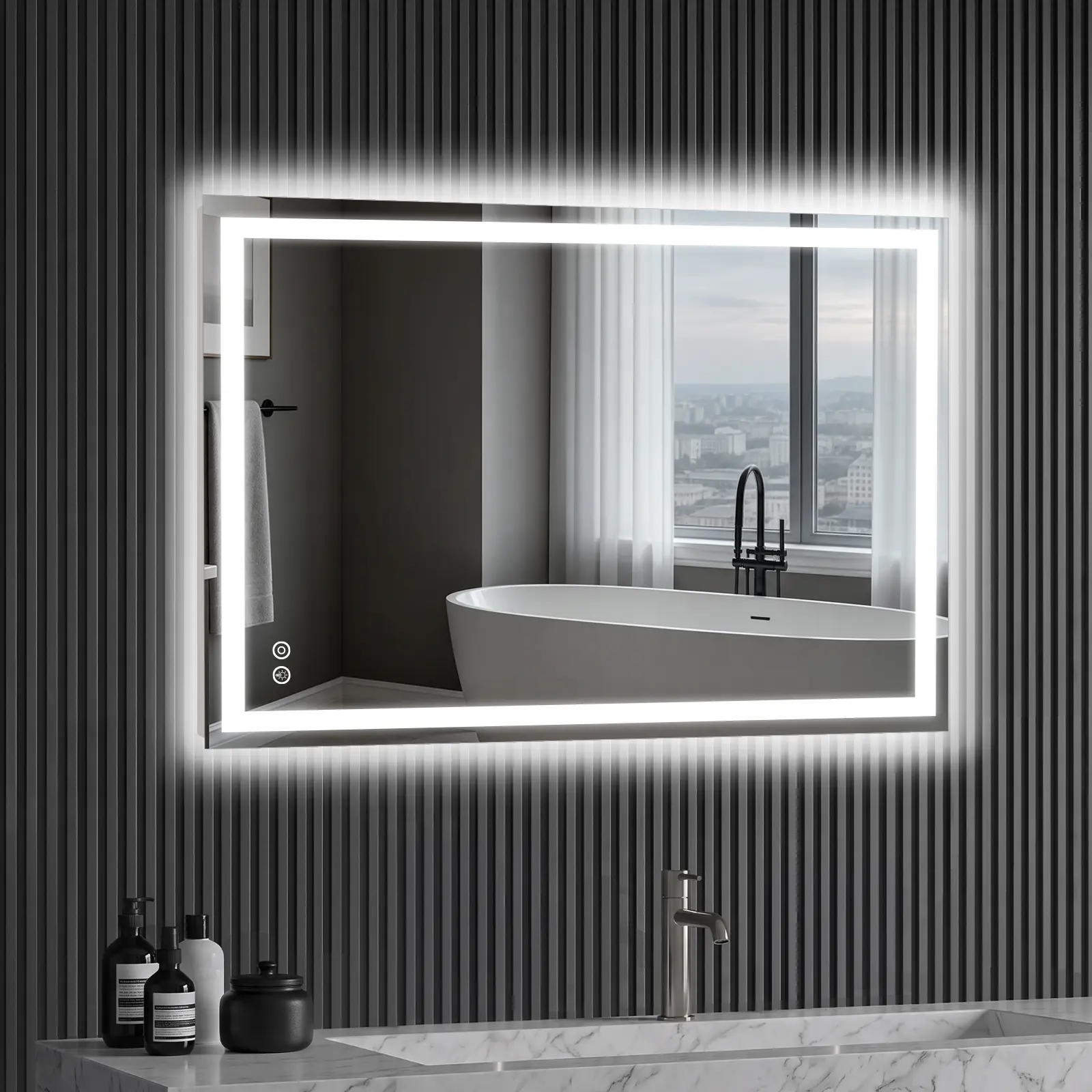 Sweetcrispy Dimmable LED Bathroom Vanity Wall Mirror Tempered Glass, Anti-Fog Technology, Front & Backlit, Touch Sensor, Smart Memory, Energy-Efficient, Adjustable 15%-100% Brightness, Makeup Mirror with Lights, Modern Multi-Size Option