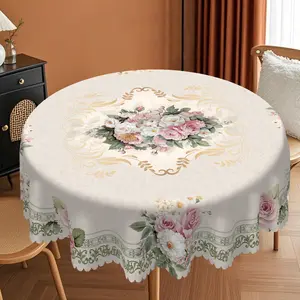 1pc Romantic Vintage Rose Daisy floral Round Tablecloth | French Elegant Floral Pattern Rectangular Tablecloth, Home Kitchen Dining Table Cover, Indoor/Outdoor Use, Home Decoration, Suitable for Mother's Day, Wedding, Birthday, Anniversary table linens