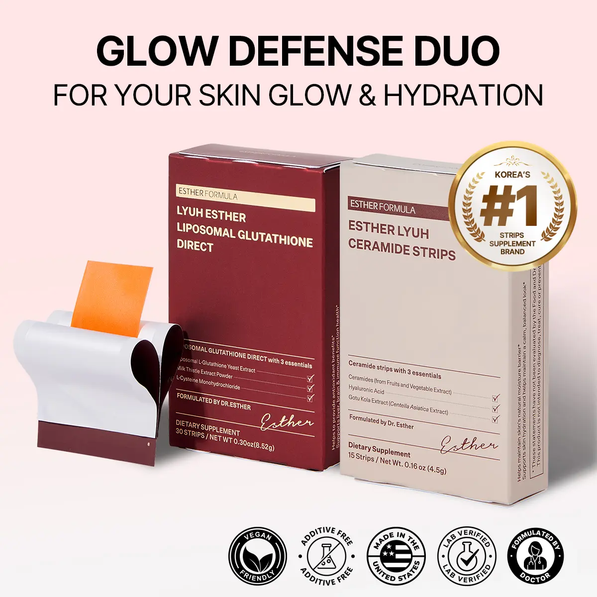 ESTHER FORMULA Glutathione & Ceramide Strips Set | Glow Defense Duo | (45 Strips | 30 + 15) Skin Repair Hyaluronic Acid