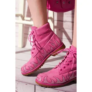 Zabrina Rhinestone Flam Lace-up Boots - Pink