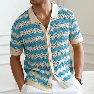 Kyn Apparel Mens Beach Vintage Striped Crochet Knit Cardigans Men Summer Trendy Lapel Button-up Shirt New Casual Hollow Out Knitted Shirts