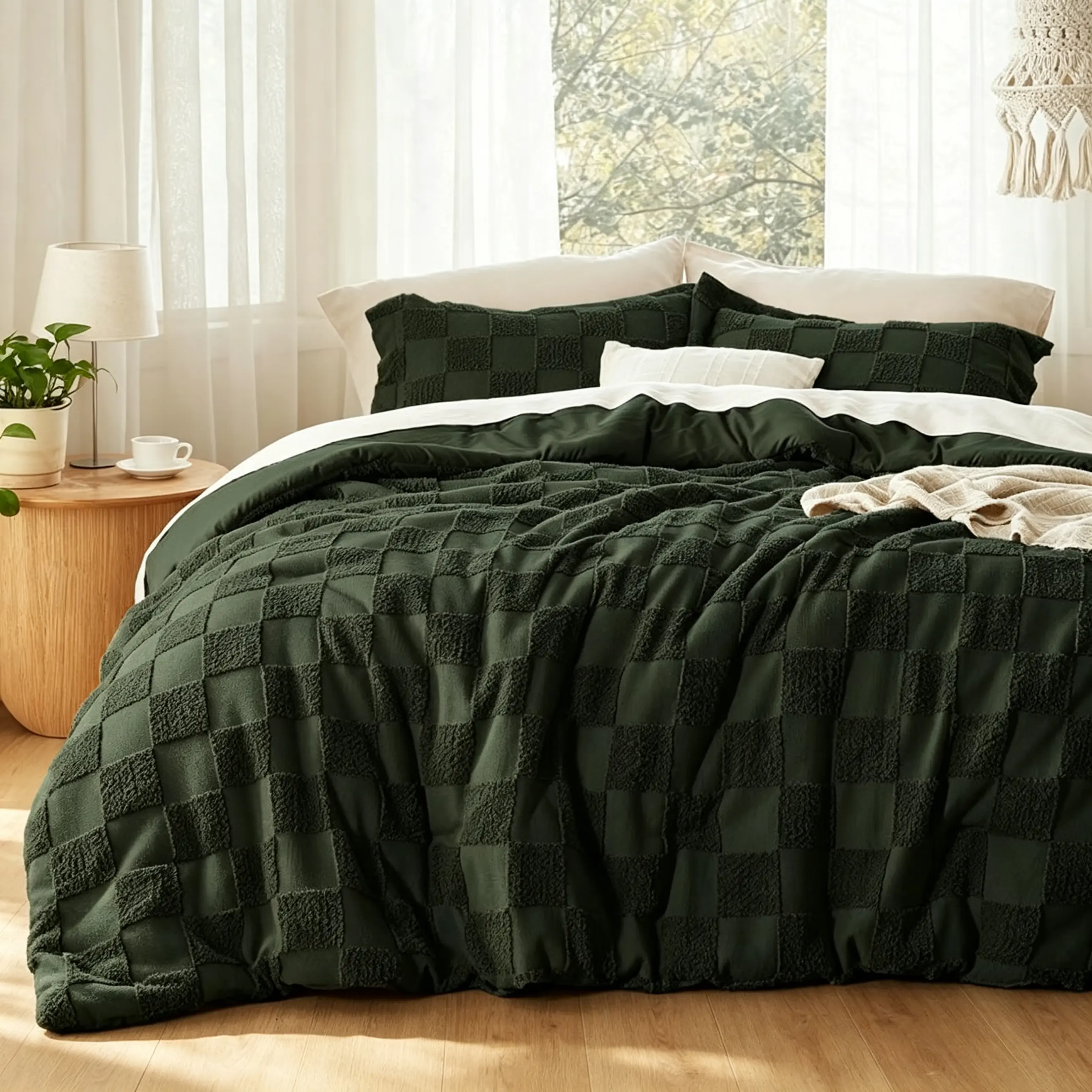 Dark Olive Green King Size Comforter Set, Boho Tufted, Checkered Farmhouse, 3, 1 Plaid Geometric Comforter and 2 Pillow Shams