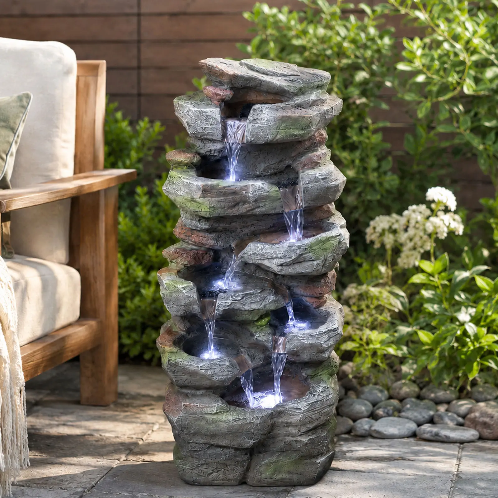 23.62" H Compact Rock Cascading Water Fountain with LED Lights, 6-Tier Outdoor Weather-Resistant Resin Waterfall Feature, Realistic Stone Fountain for Tabletop Small Patio Balcony Porch Home Decor Garden Accessories Waterfountain