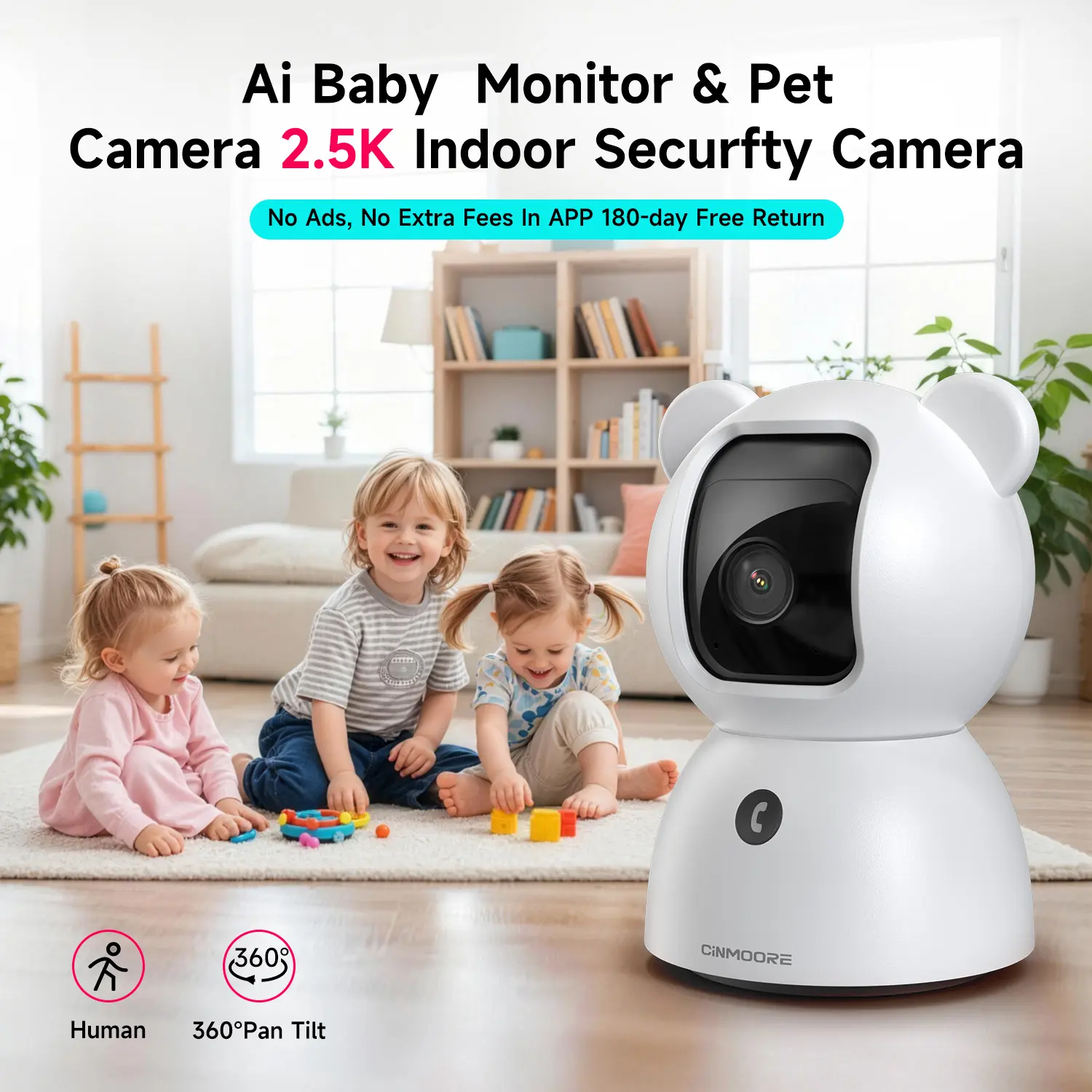 CINMOORE 2.5K Digital Security Camera C2LU - Indoor WiFi 360° Pan-Tilt, AI Motion Detection, 2-Way Audio, Night Vision, Clear Monitoring Recording, Baby Crying Alert, Mini Home Camera, Digital Camera