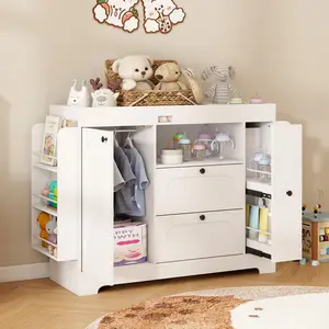 Changing Table Dresser with Drawers White Diaper Portable Changing Stationwith 2 Drawers & Clothes Hanger, Storage Crib with Change Table Top BW0001