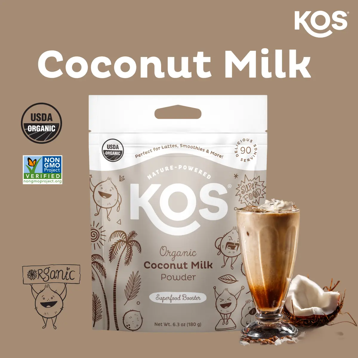 KOS Leche de Coco Orgánica en Polvo, Certificada USDA Organic, 0 g de Azúcar, Creamer Vegetal con MCTs para Café y Smoothies, Vegana, Keto, Paleo, Non-GMO, Sin Gluten ni Lácteos, 6.3 oz, 90 Porciones
