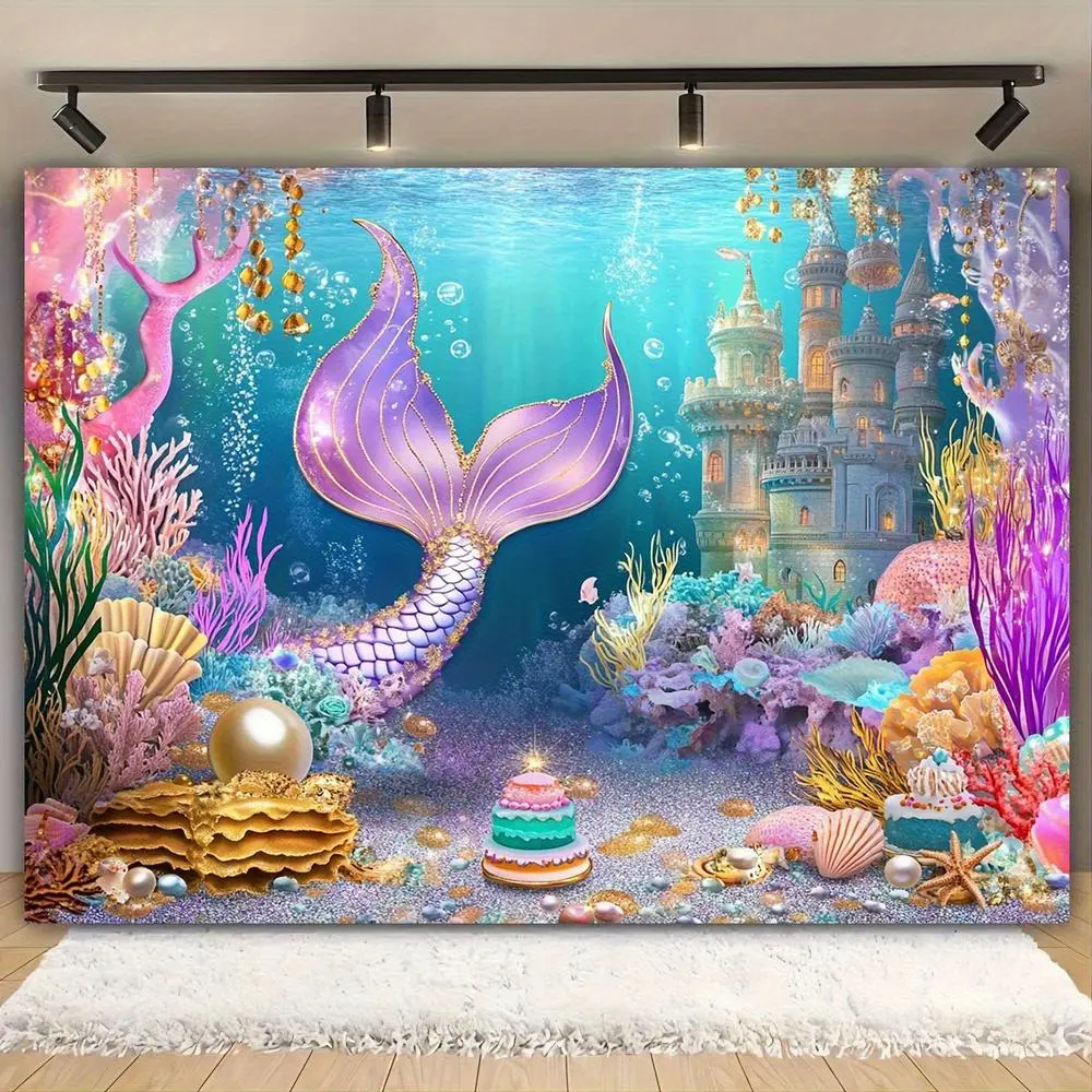 1pc Mermaid Tail  Backdrop - Underwater Ocean Theme Party Decor with Purple Mermaid Tail, Coral Reef, Castle - Large  Fabric Banner for Wedding, Birthday, Mermaid Party - No Electricity Ornaments