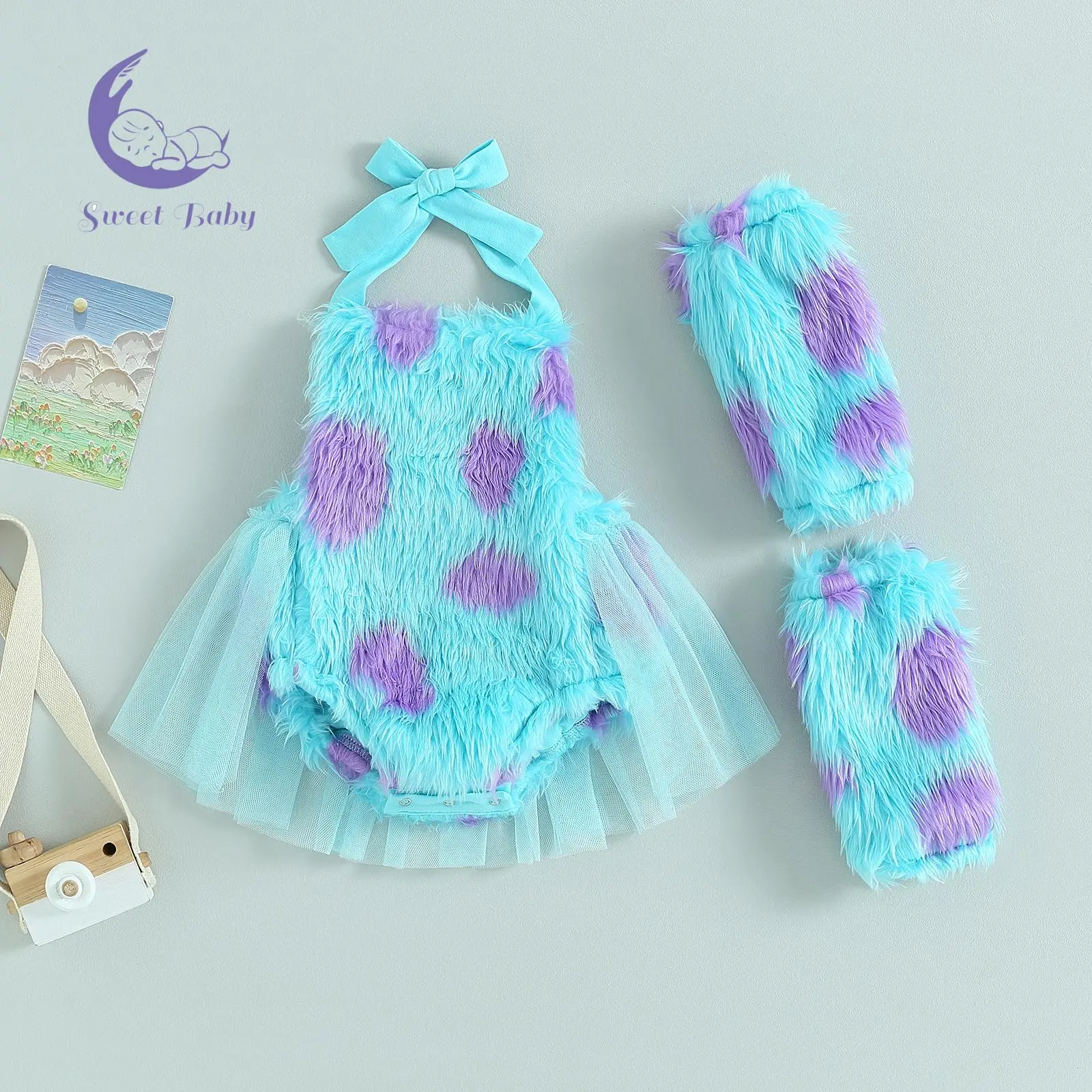 Girl's Rompers Gift Set (0-6 Months, 2-3 Years) - Baby & Maternity Sleeveless Tie-Up Halter Neck Backless Polyester Blend Jumpsuits with Mesh Hem, Printed Fur Accent, Leg Warmers, Spandex Flexible Bodysuits