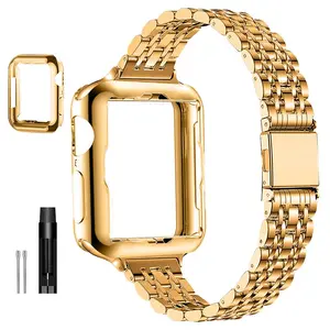 Women's Watch Band, Soft Protective Case and Tools (1 Set), Stainless Steel Smartwatch Strap Compatible with Apple Watch 9/8/7/6/5/4/3/2/1/SE/SE2 Series, Smart Watch Accessories, Watch Protector