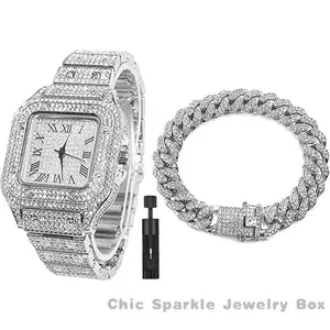 SWsilvery,golden,Rose golden Watch with Gift Boxes, Adjusters,Cuban Bracelet,Square Dial Quartz Wristband Wrist Watch - Perfect for Men, Women, Friends, Lovers, and Parents - Ideal for Parties and Christmas Gifts travel charms Modul Italian Charm Br chain