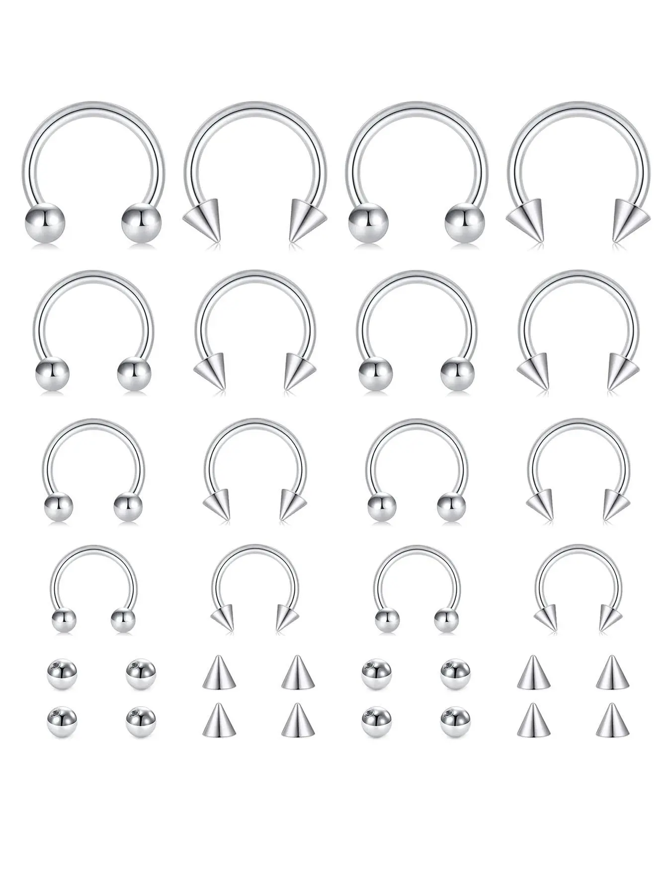 16pcs/set Unisex Punk Style Stainless Steel Nose Rings & Lip Rings, Septum Piercing, Rivet & Beaded Design Nose Rings, Fashionable Versatile Body Jewelry for Men & Women, Body Piercings