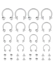 16pcs/set Unisex Punk Style Stainless Steel Nose Rings & Lip Rings, Septum Piercing, Rivet & Beaded Design Nose Rings, Fashionable Versatile Body Jewelry for Men & Women