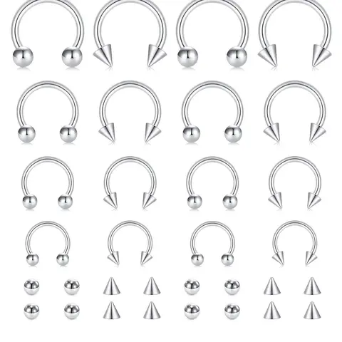 16pcs/set Unisex Punk Style Stainless Steel Nose Rings & Lip Rings, Septum Piercing, Rivet & Beaded Design Nose Rings, Fashionable Versatile Body Jewelry for Men & Women, Body Piercings