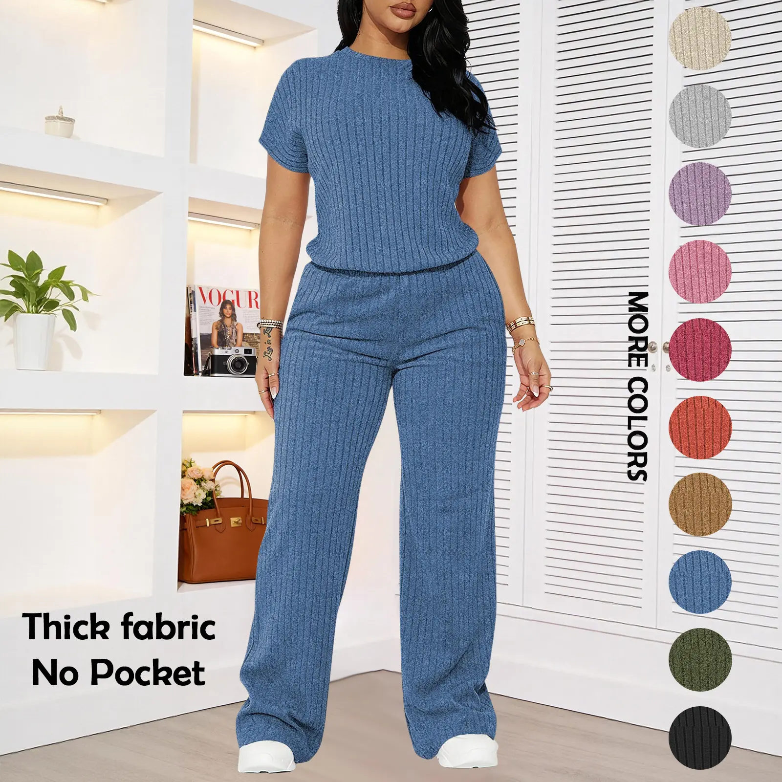 Women's Solid Shortsleeve Crewneck Ribbed Top & Wide Leg Pants Minimalist Casual Fitted Fashion Cozy Top & Trousers for Daily Outdoor Wear Ladies Clothes for Summer Womenswear Yoga Clothes Set Black Batwing Suits Suits Gamis