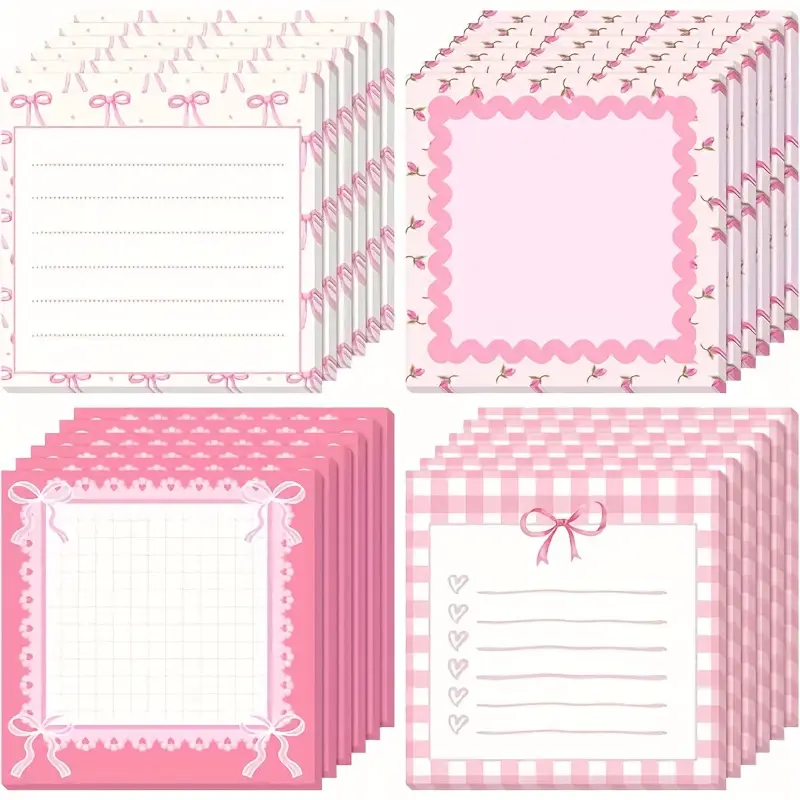 4/8 cute bow sticky notes 3 x 3 inch cute bow sticky notes cute bow things with rope notebook memo school supplies ladies party gifts (pink), each piece of 30 pieces of paper, very suitable for room decoration Sticky Notes Set Sticky Labels