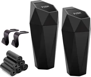 Car Trash Can Cup Holder, 2 Pack Mini Trash Can with Lid, Car Accessories for Interior, Leakproof Small Trash Cup for Home with Additional 2 ABS Hooks and 90pcs Trash Bags Black