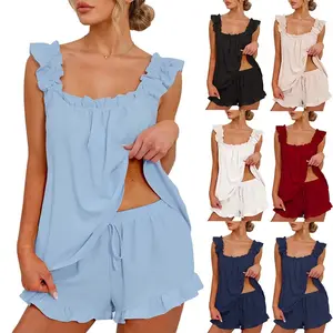 Womens Pajamas Set 2 Piece Ruffle Pj Soft Tank Top and Shorts Sleepwear Set Bridal Pajama for Women Set