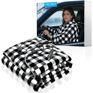 Wearable Car Electric Blanket 12 Volt Heated Blanket for Car Truck SUV Van with Controller 2 Heating Level Ideal for Camping Traveling Machine Washable 59 x 43 Black/White Plaid