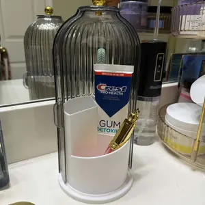 Dustproof Toothbrush Holders with Cover Storage Bucket Organizers with Transparent Door Lid,360 Rotating Clearance Makeup for Vanity Bathroom, Desktop Countertop Storage, Make up Container Spinning Brush Holder Boxes White