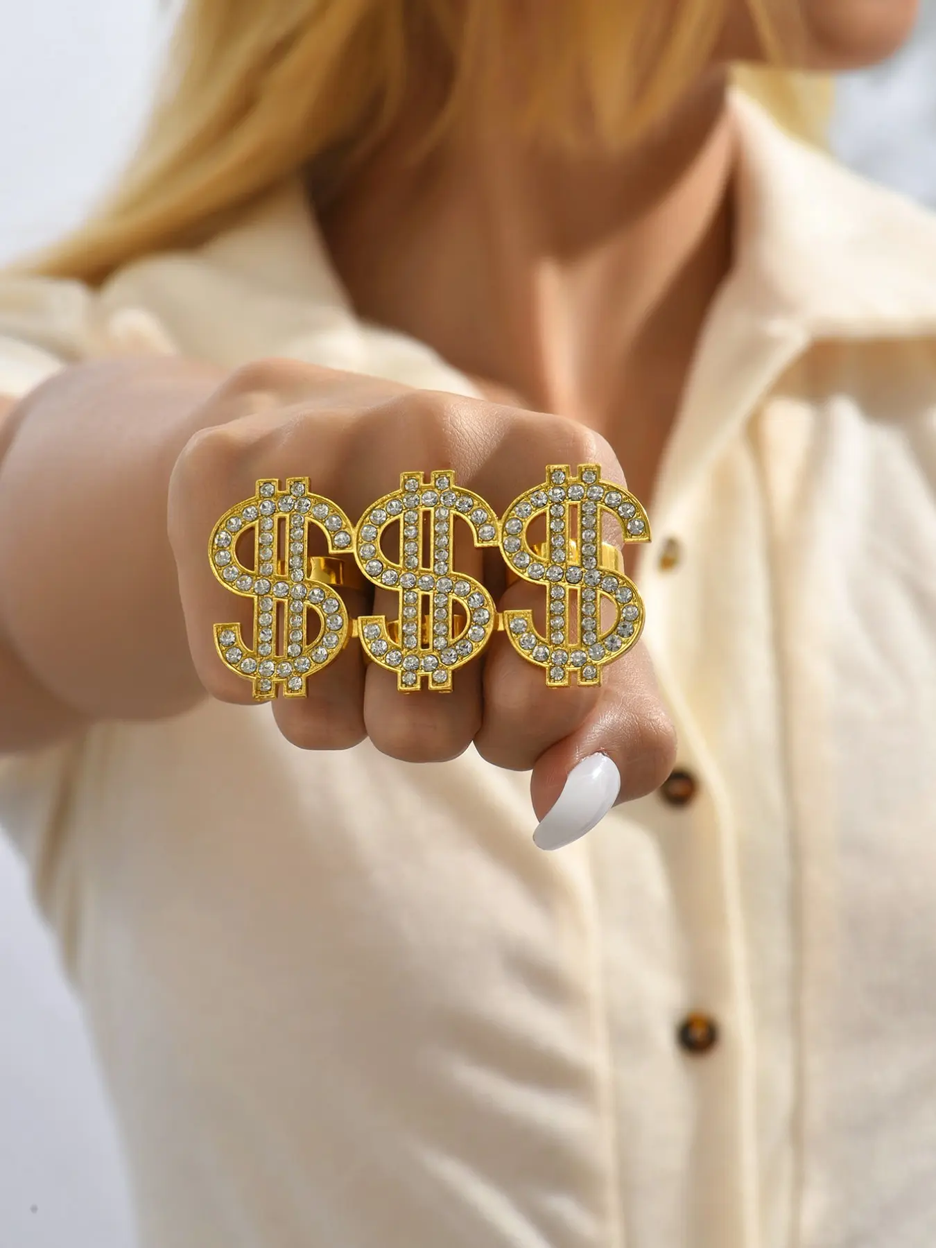 Hiphop Street Style Full Diamond Dollar Sign Ring Set, Exaggerated Rhinestone Rings, Trendy Nightclub Rap Performance Accessory