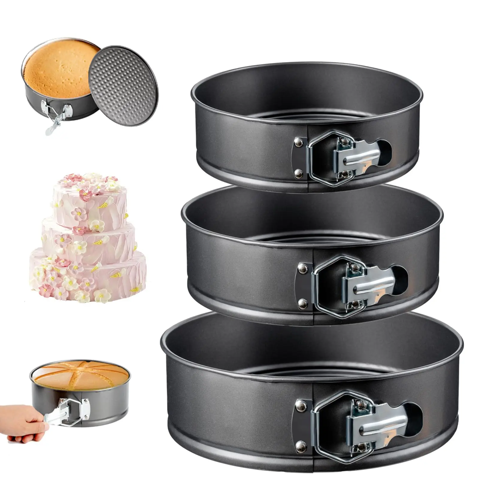 Upgraded 3-Piece Springform Cake Pan Set, Nonstick 7/8/9 Inch Round Cheesecake Pans for Baking, Easy-Release Cake Molds for Layer Cakes, Quiche & Pizza