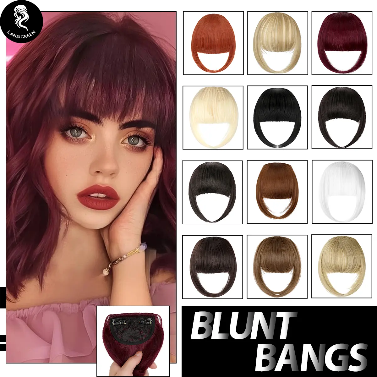 Lansigreen Women's 2-Clip Clip-In French Bangs Hair Extensions, Thick Straight Cut Synthetic Straight Hairpieces, Blonde Synthetic Extensions & Pieces for Daily Party Use, Synthetic Straight Hair, Bang Clip-Ins Synthetic Extensions & Pieces